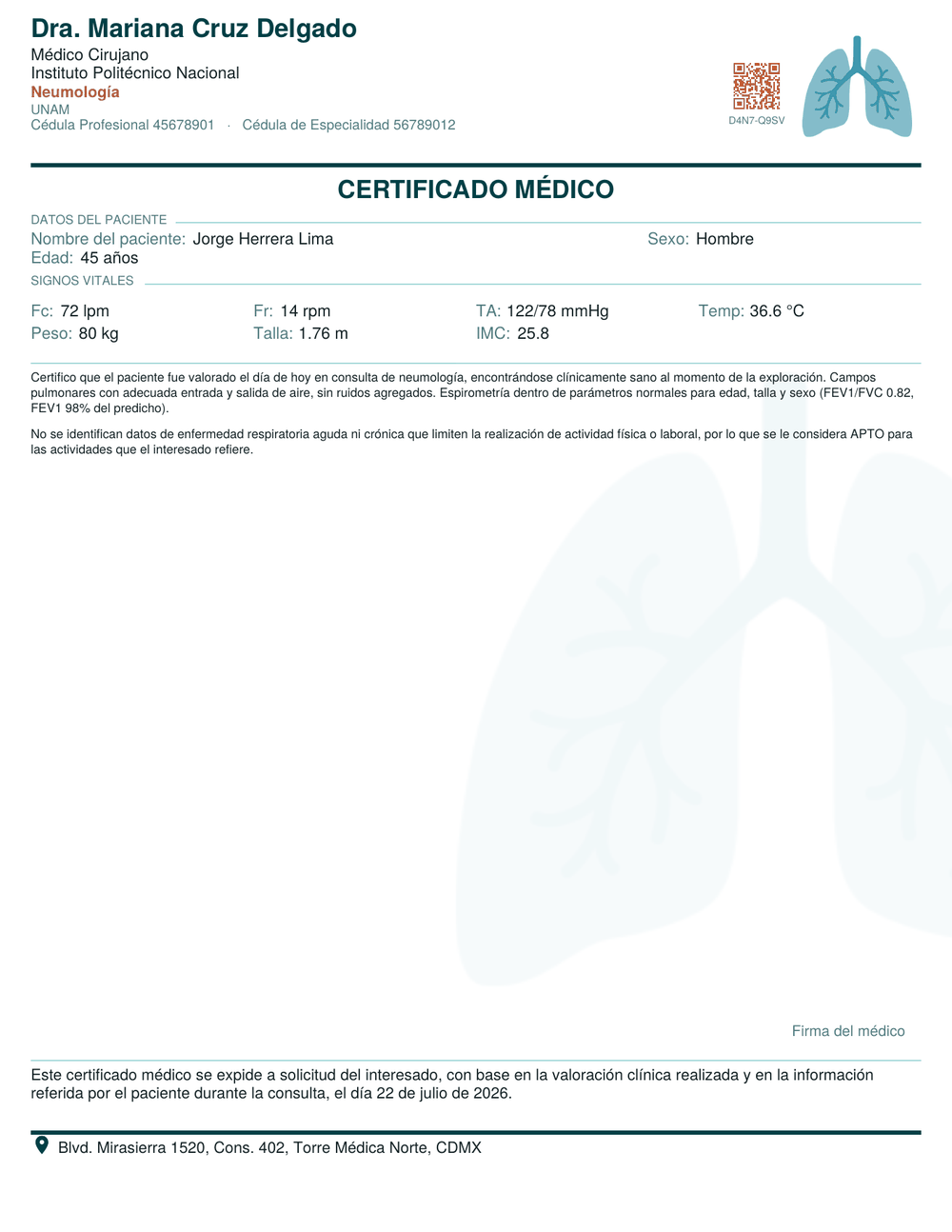Certificado médico de muestra