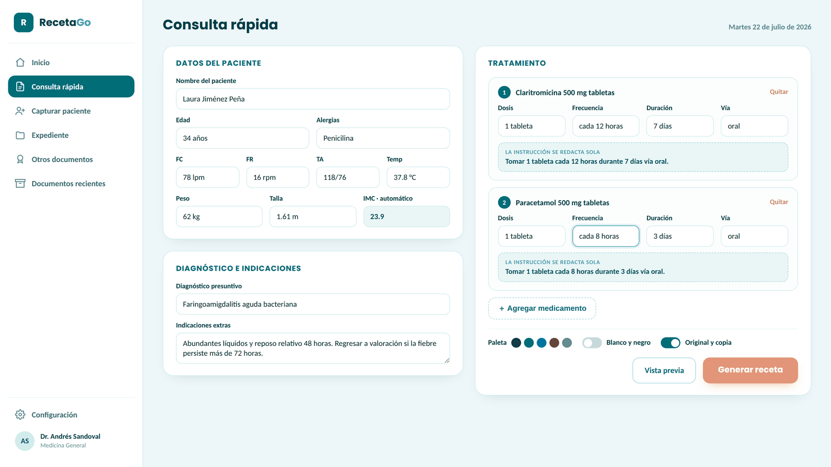 Pantalla de consulta rápida de RecetaGo