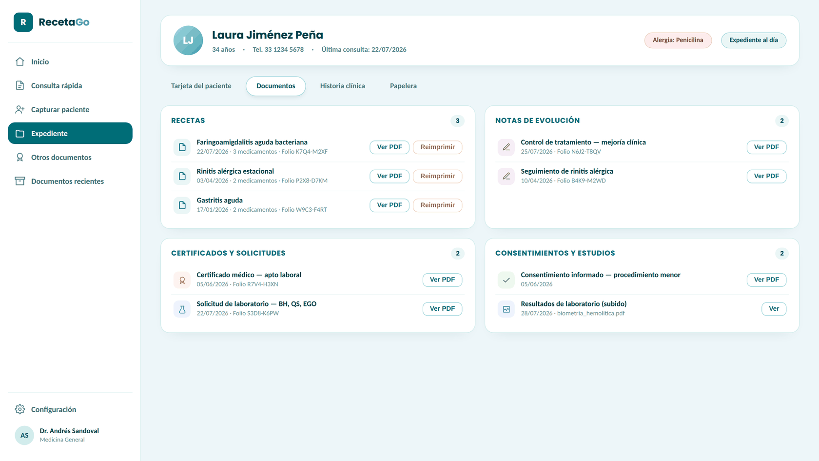 Expediente del paciente en RecetaGo