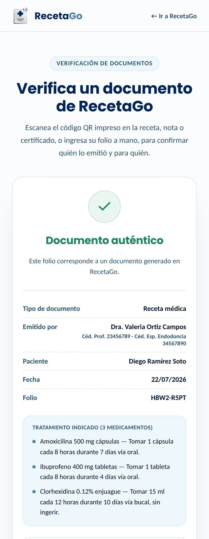 Verificación de un documento de RecetaGo desde el celular