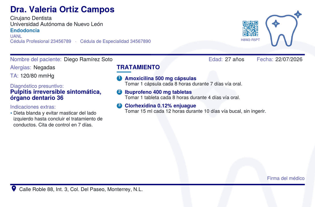 Receta dental con cédula de especialidad