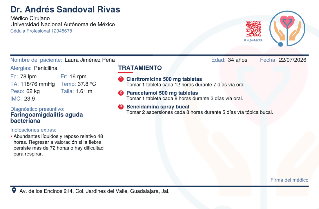 Receta médica de muestra generada con RecetaGo